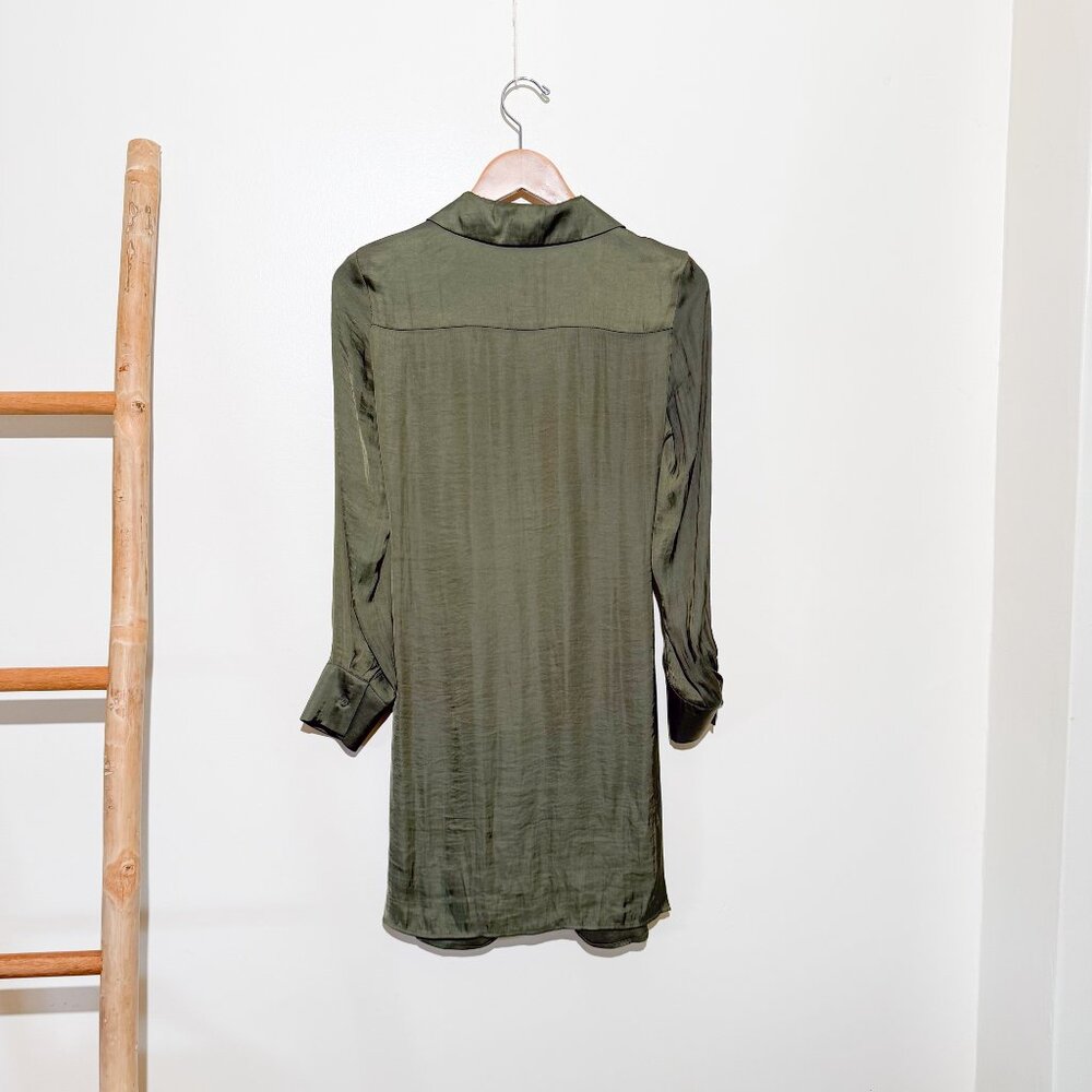 Steve Madden Olive Tie Waist Long Sleeve Satin Shirtdress XS - Picture 4 of 6